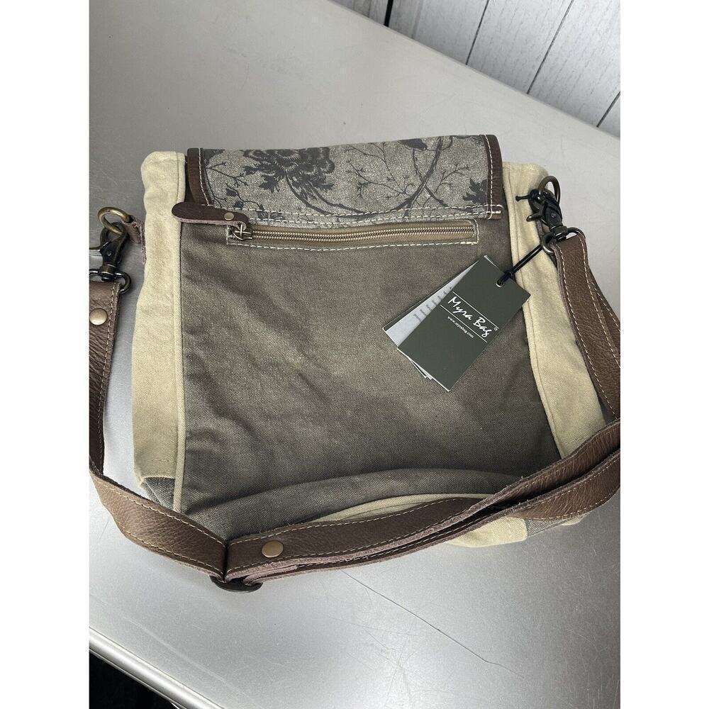 New! Myra Bag Purse Crossbody Bag Canvas and Leather Trees Leaves Print - Picture 2 of 6